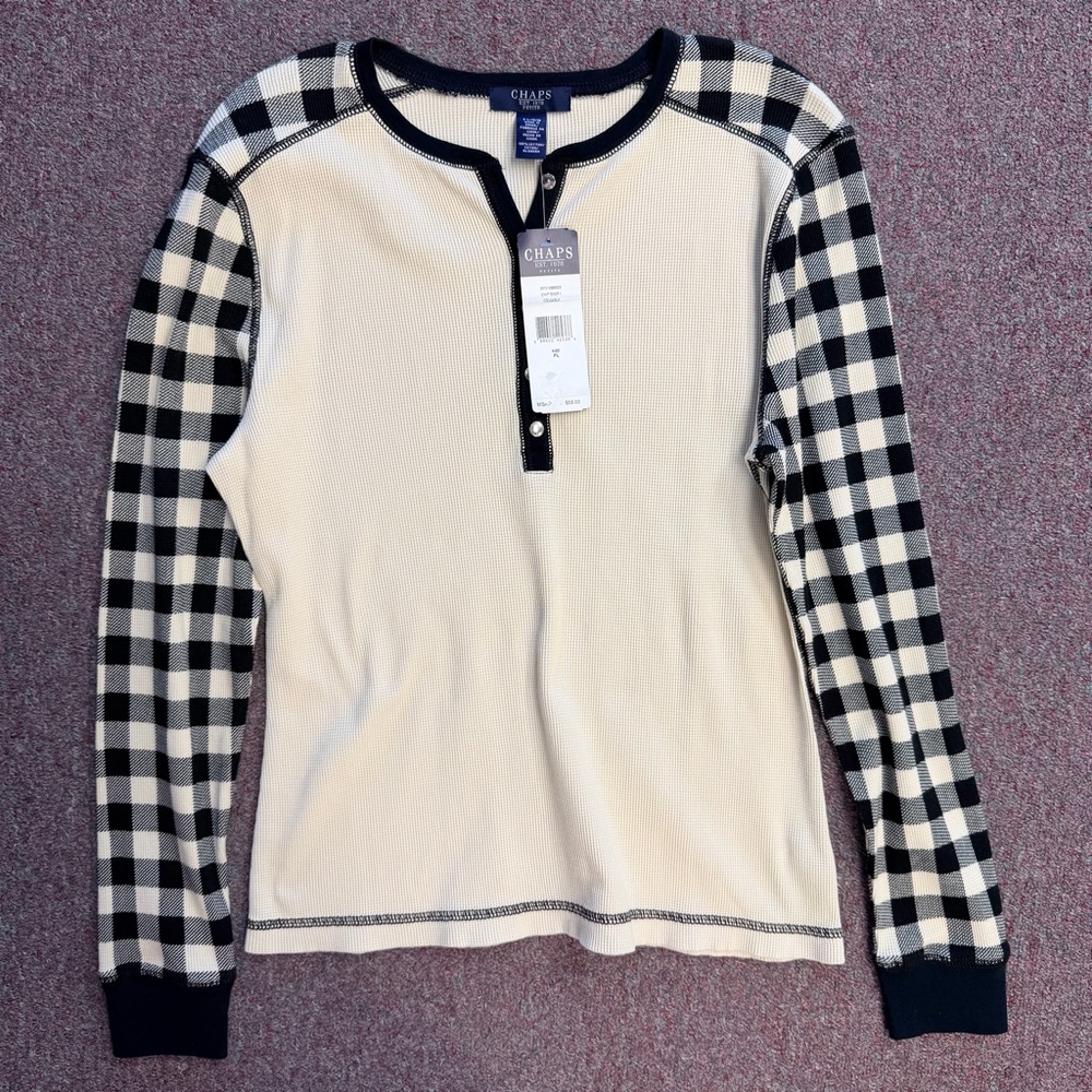 Chaps Cream Henley with Plaid Accents